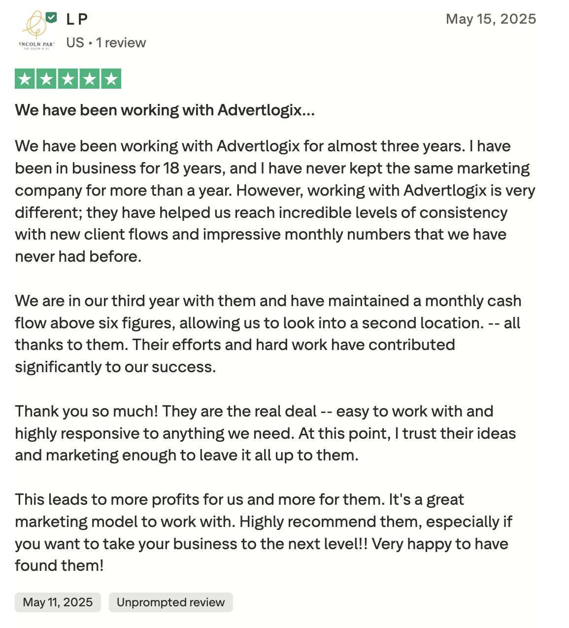 L. P., Lincoln Park — five star Trustpilot review of Advert Logix