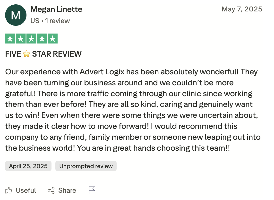Megan Linette — five star Trustpilot review of Advert Logix