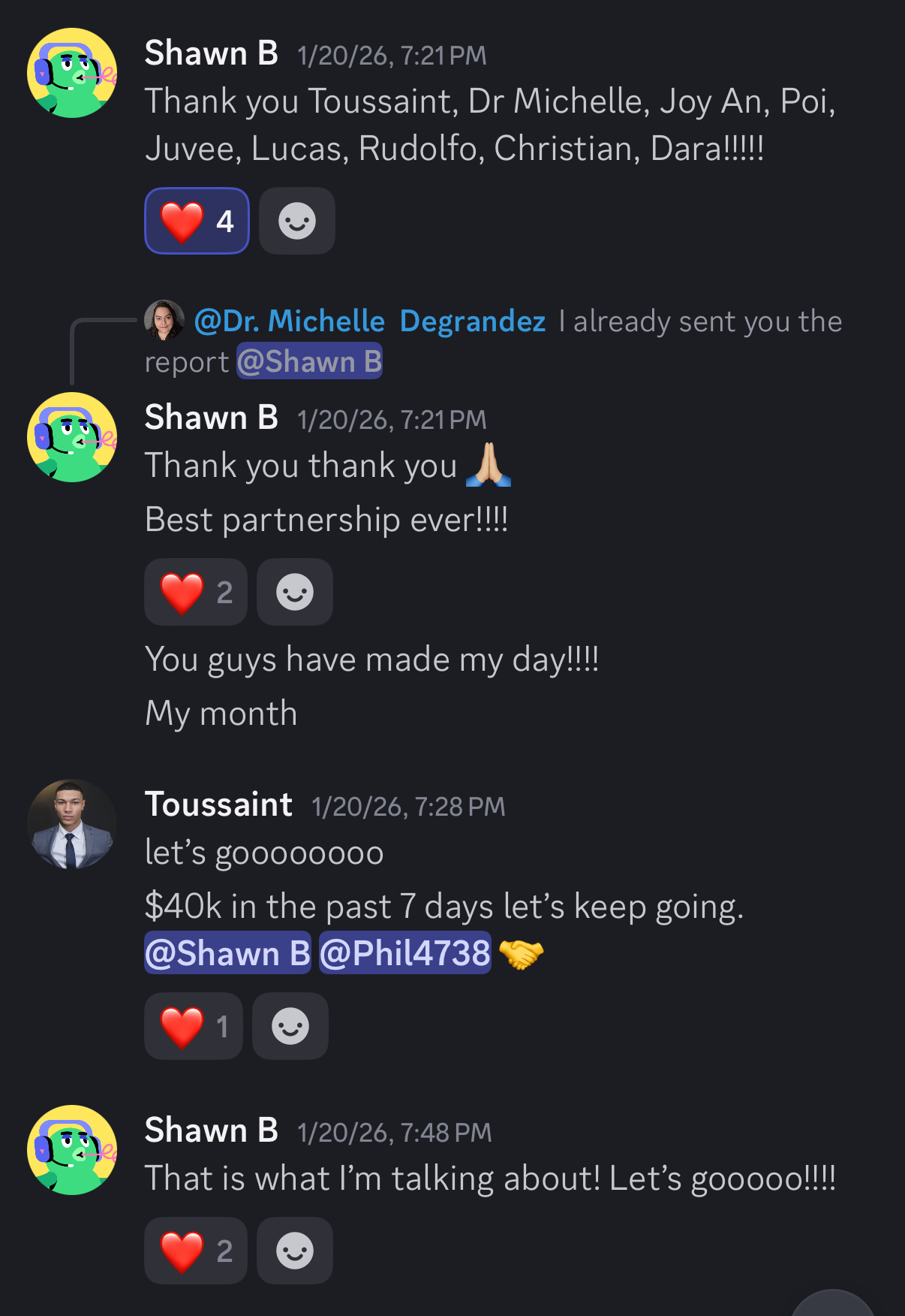 $40K week — team chat thread with Shawn B and Toussaint