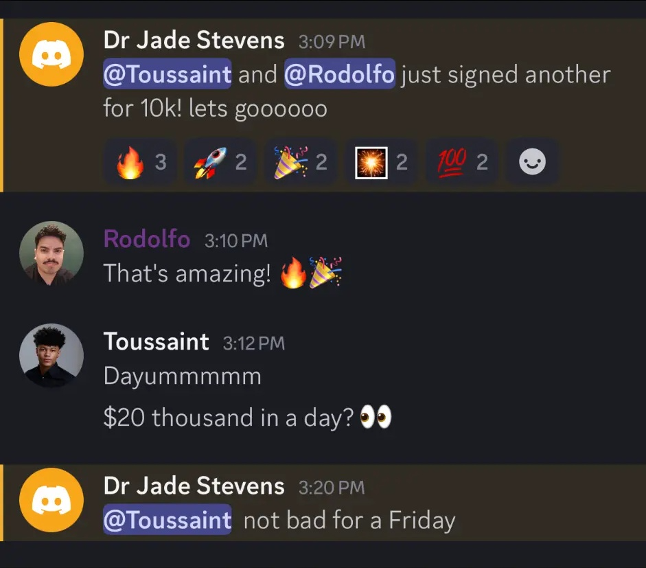 $20K single day — Dr Jade Stevens Discord celebration