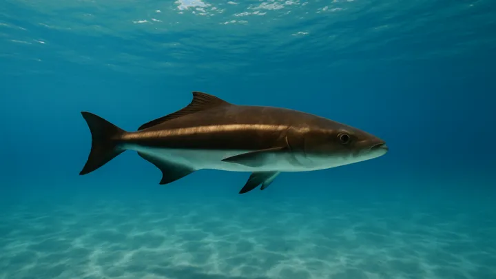 Cobia near the surface with dark lateral stripe