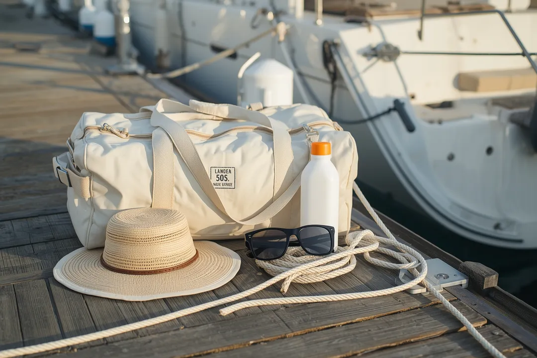 Sun protection and soft bags ready on the dock before boarding RingMaster