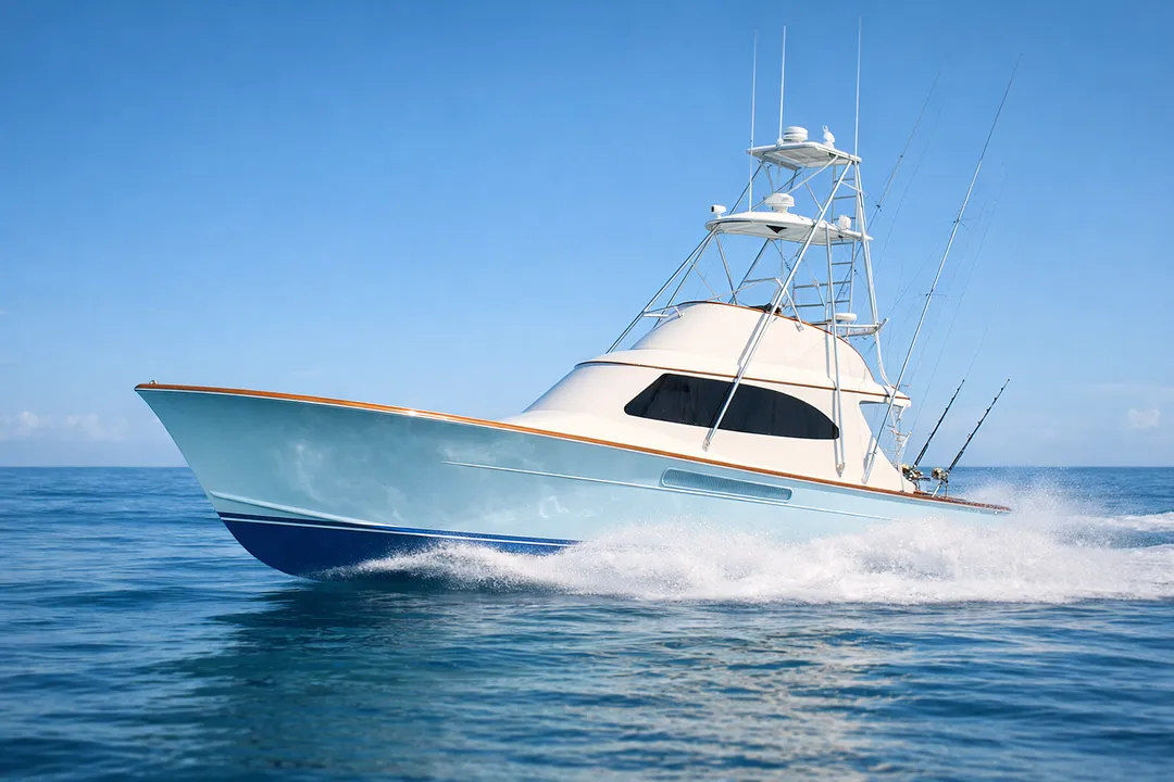 53’ Hatteras sportfishing boat for private charters on the Atlantic near Pompano Beach, Florida.