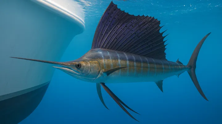 Atlantic sailfish in-water beside the boat, dorsal sail raised