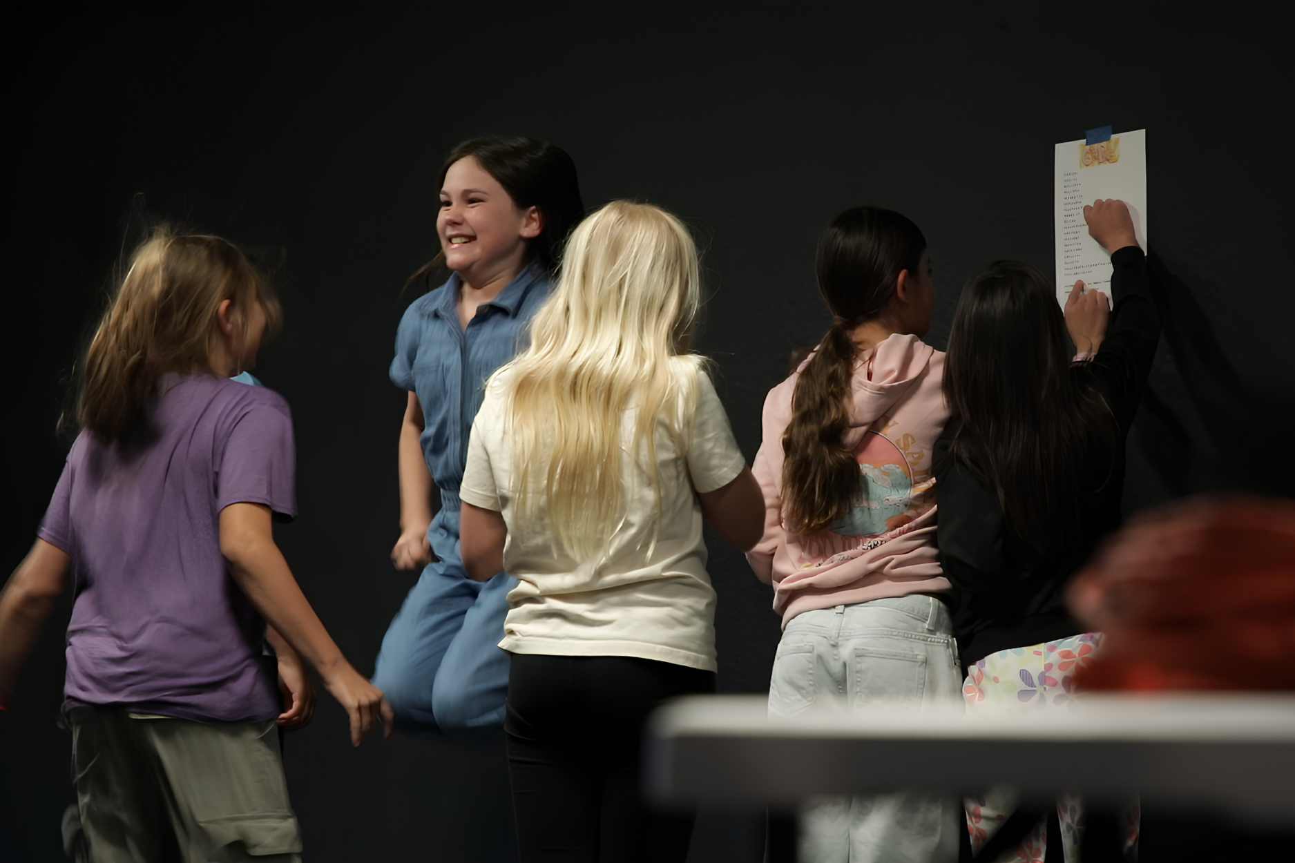 Students rehearsing a theater performance on stage as part of a script to stage an arts education program focusing on communication and confidence building