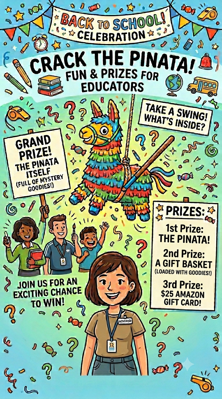 Back to School Celebration — Crack the Piñata! Grand Prize: the piñata full of mystery goodies; 2nd Prize: a gift basket; 3rd Prize: $25 Amazon gift card