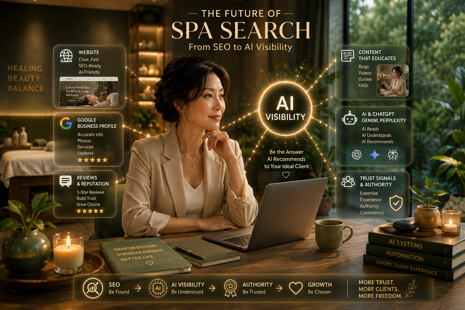 AI Visibility strategy for spa owners connecting SEO, Google Business Profile, reviews, content, authority and AI search AI Visibility strategy for spa owners connecting SEO, Google Business Profile, reviews, content, authority and AI search
