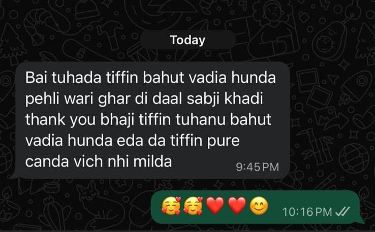 WhatsApp customer review for Heritage Tiffins