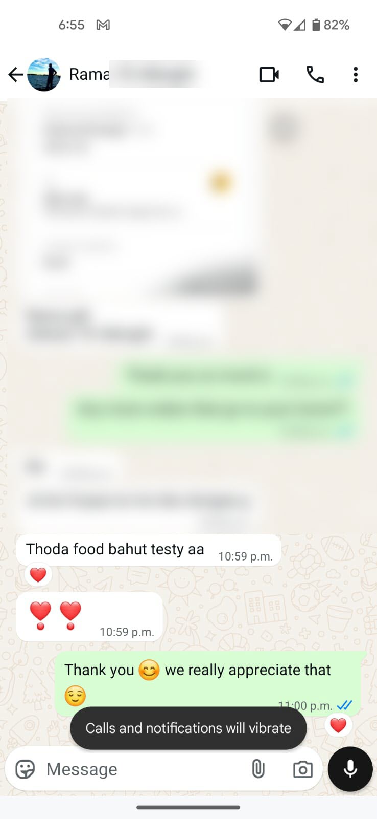 WhatsApp customer review for Heritage Tiffins