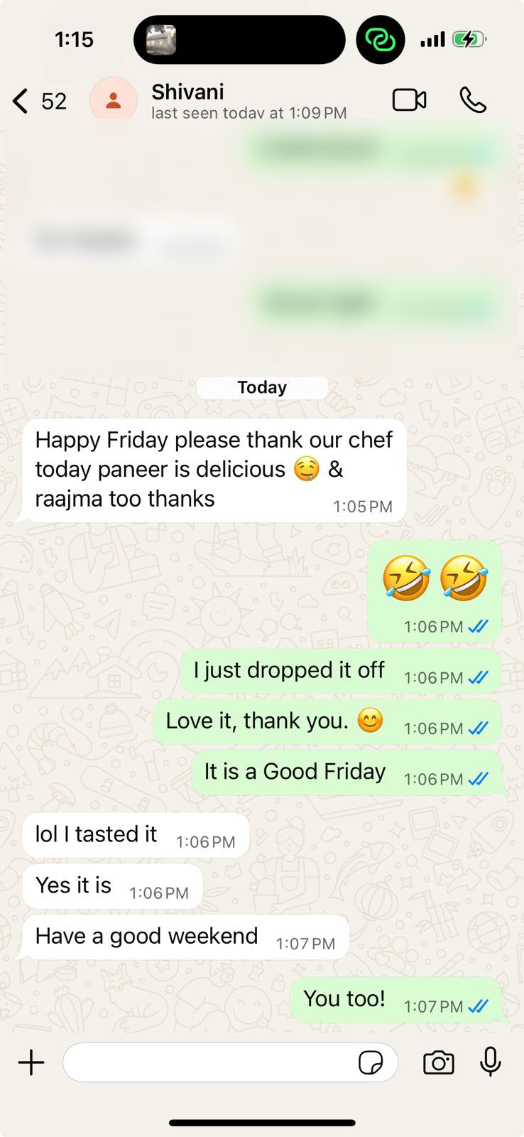 WhatsApp customer review for Heritage Tiffins