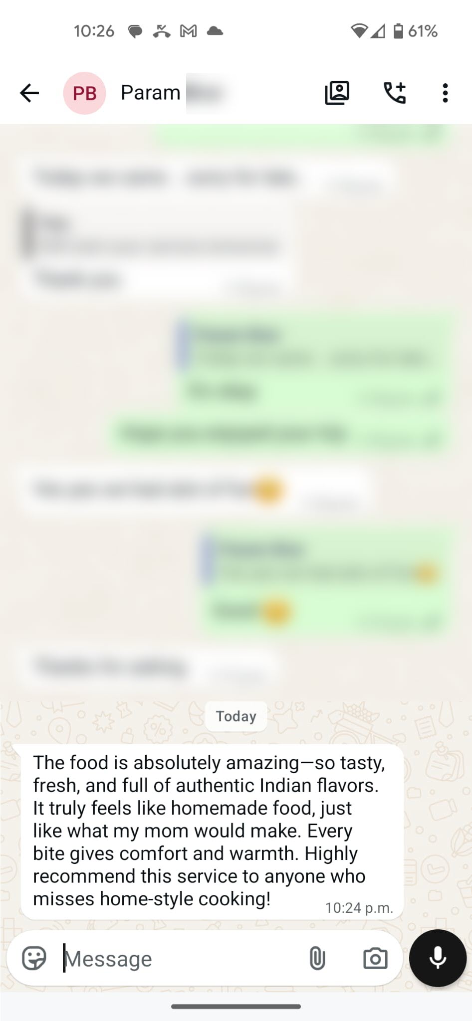 WhatsApp customer review for Heritage Tiffins