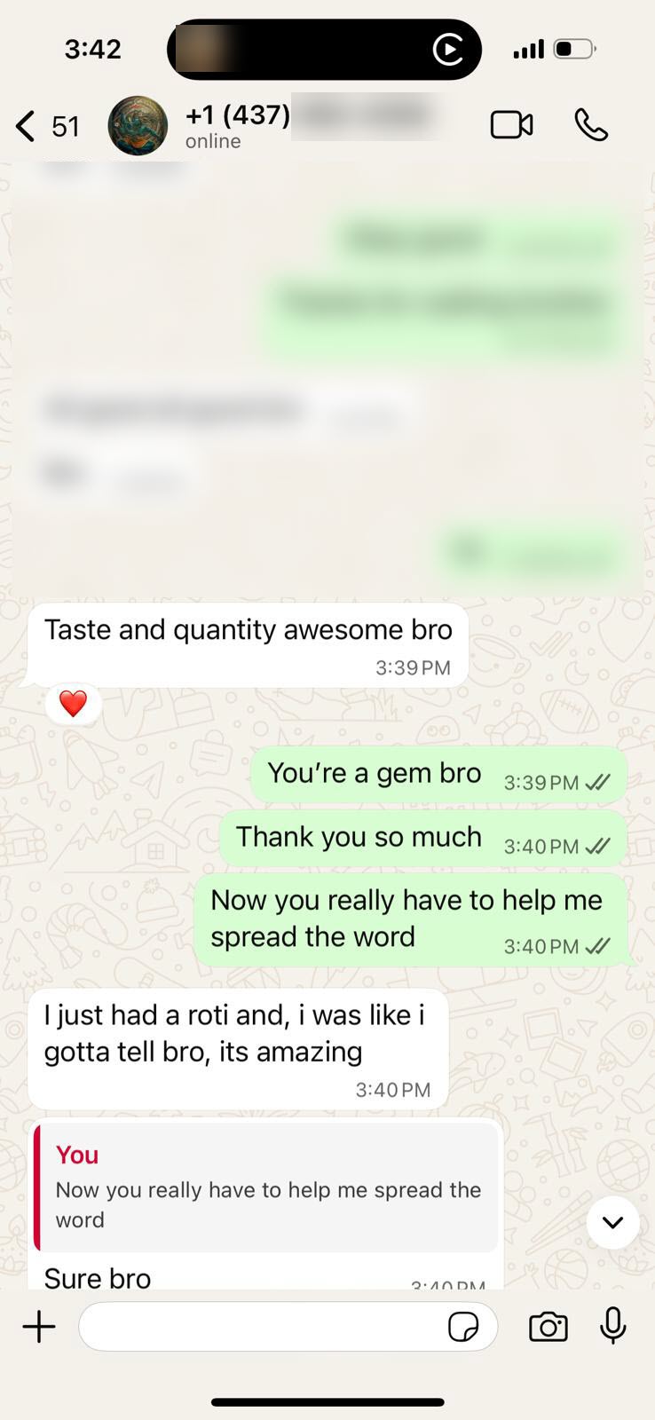 WhatsApp customer review for Heritage Tiffins