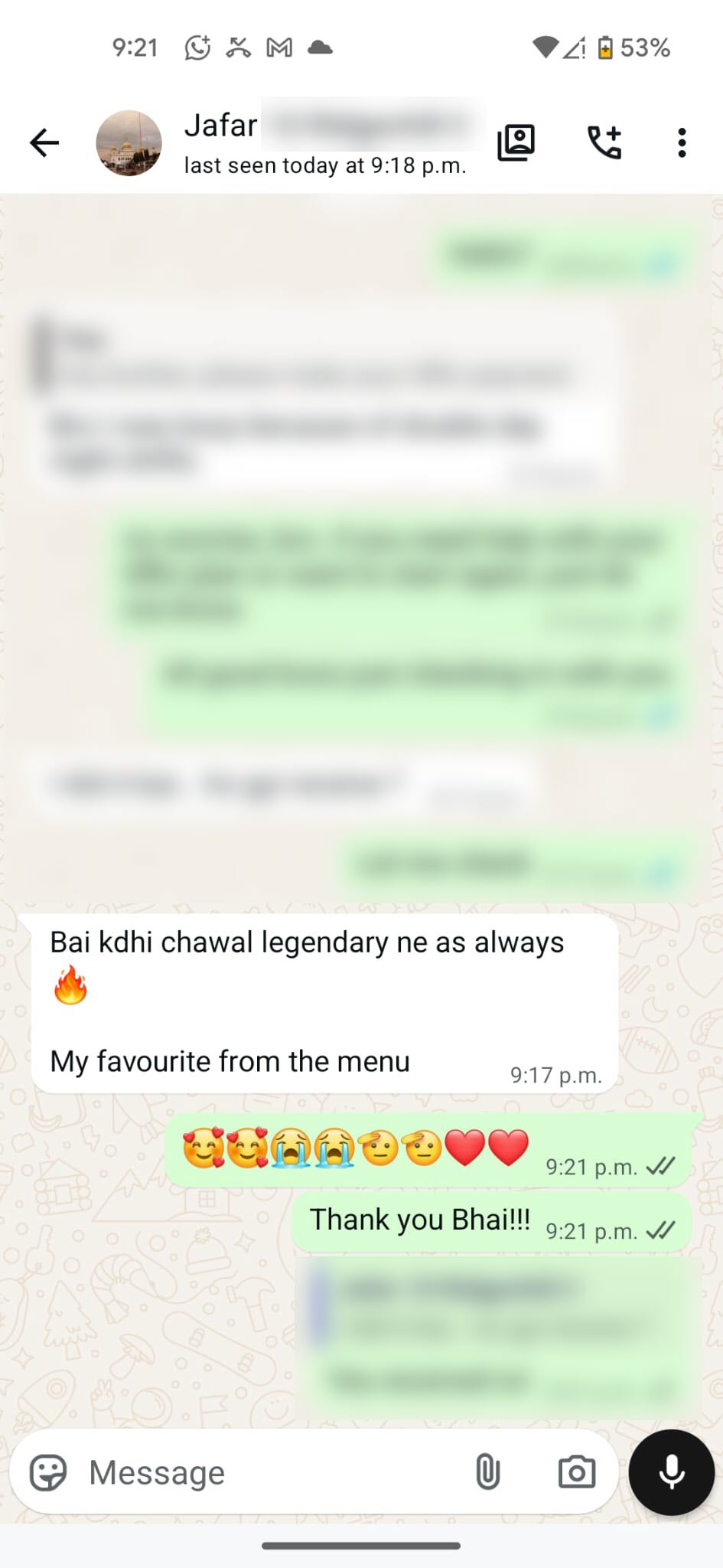 WhatsApp customer review for Heritage Tiffins