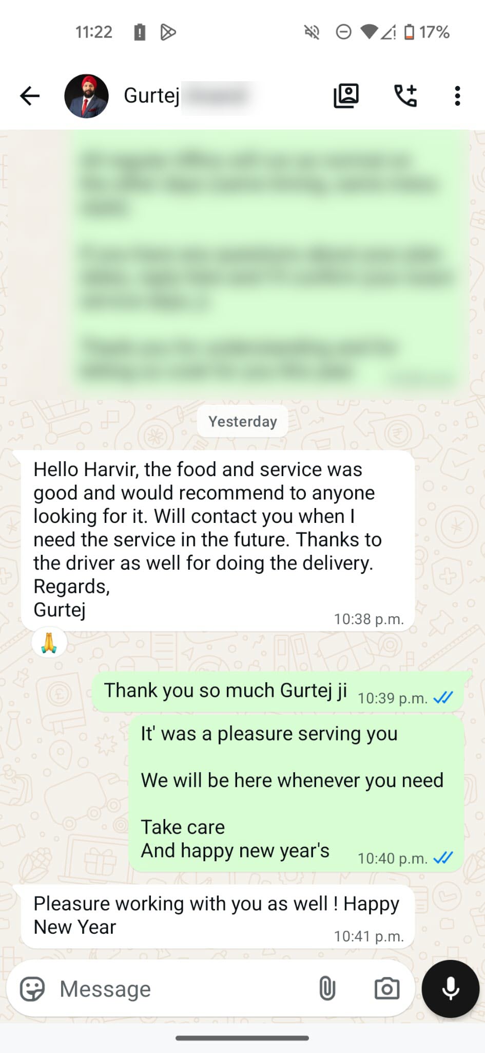 WhatsApp customer review for Heritage Tiffins