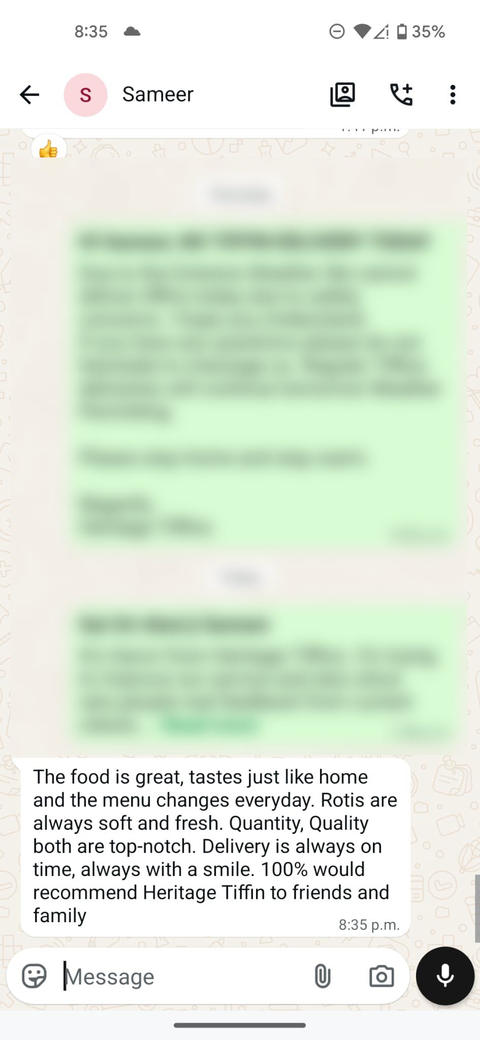 WhatsApp customer review for Heritage Tiffins