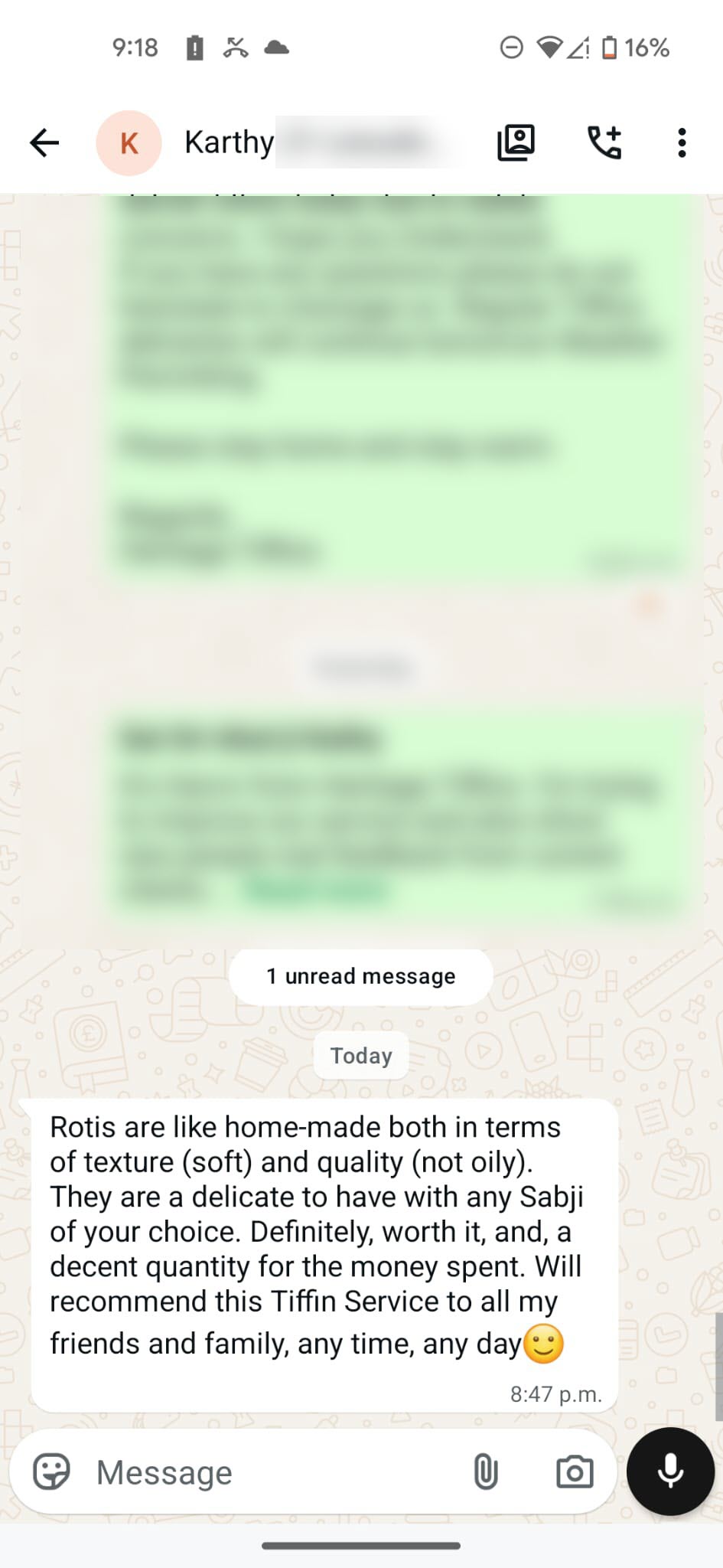 WhatsApp customer review for Heritage Tiffins