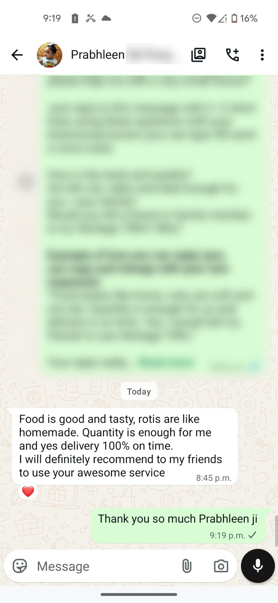 WhatsApp customer review for Heritage Tiffins