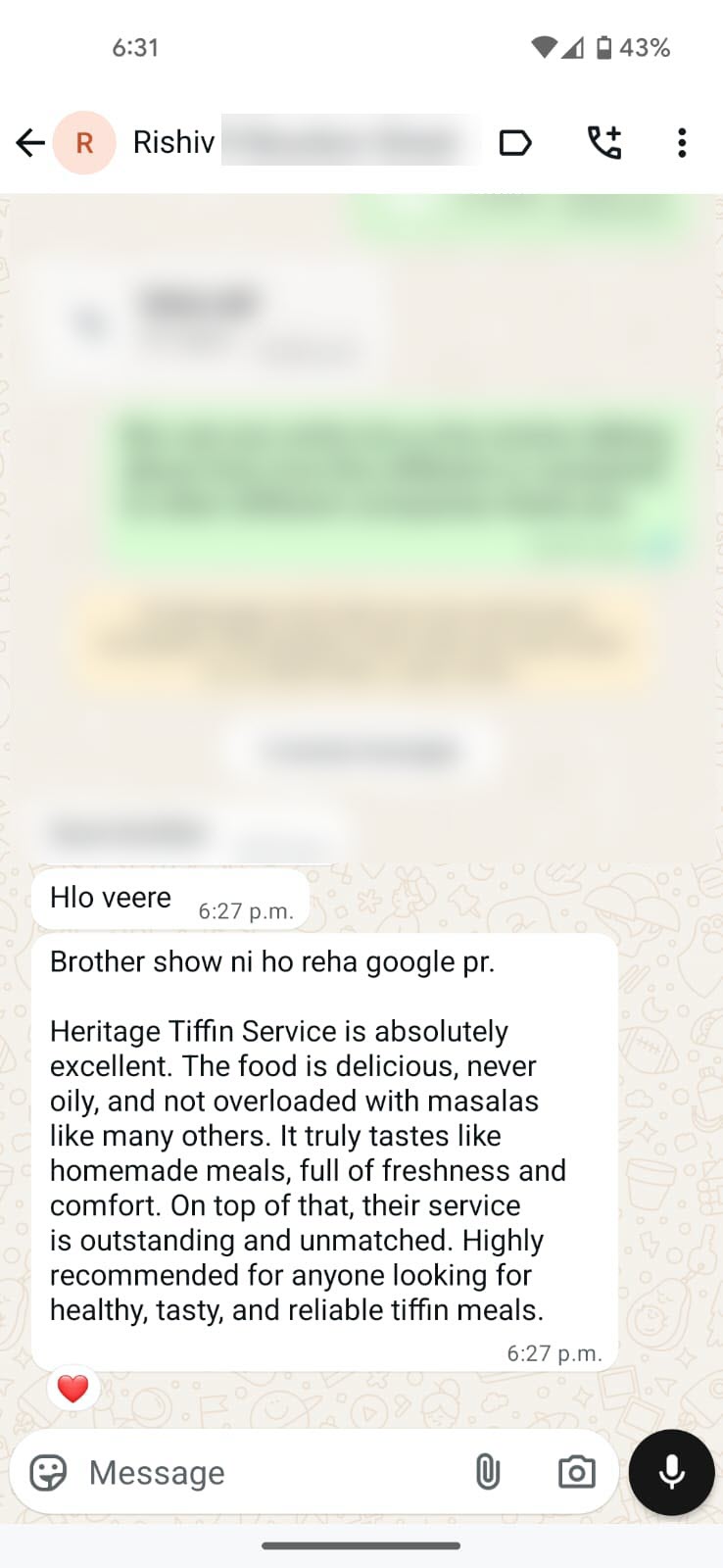 WhatsApp customer review for Heritage Tiffins