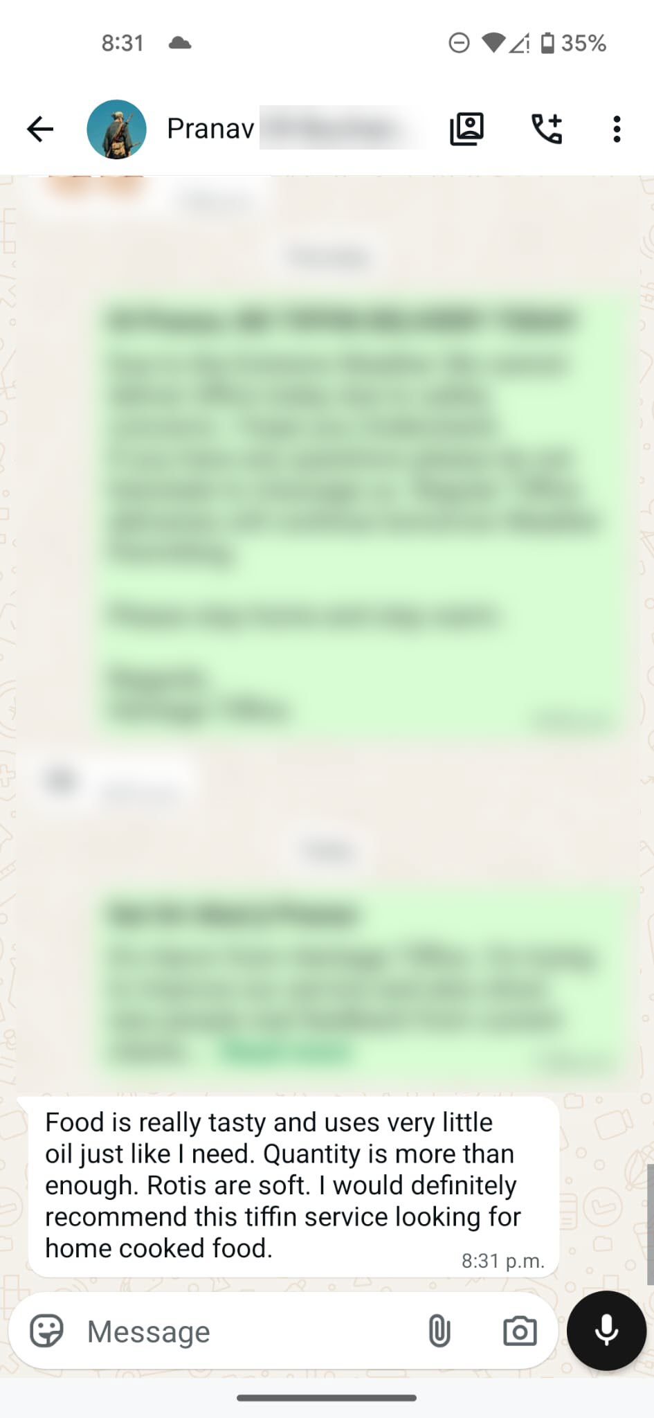 WhatsApp customer review for Heritage Tiffins