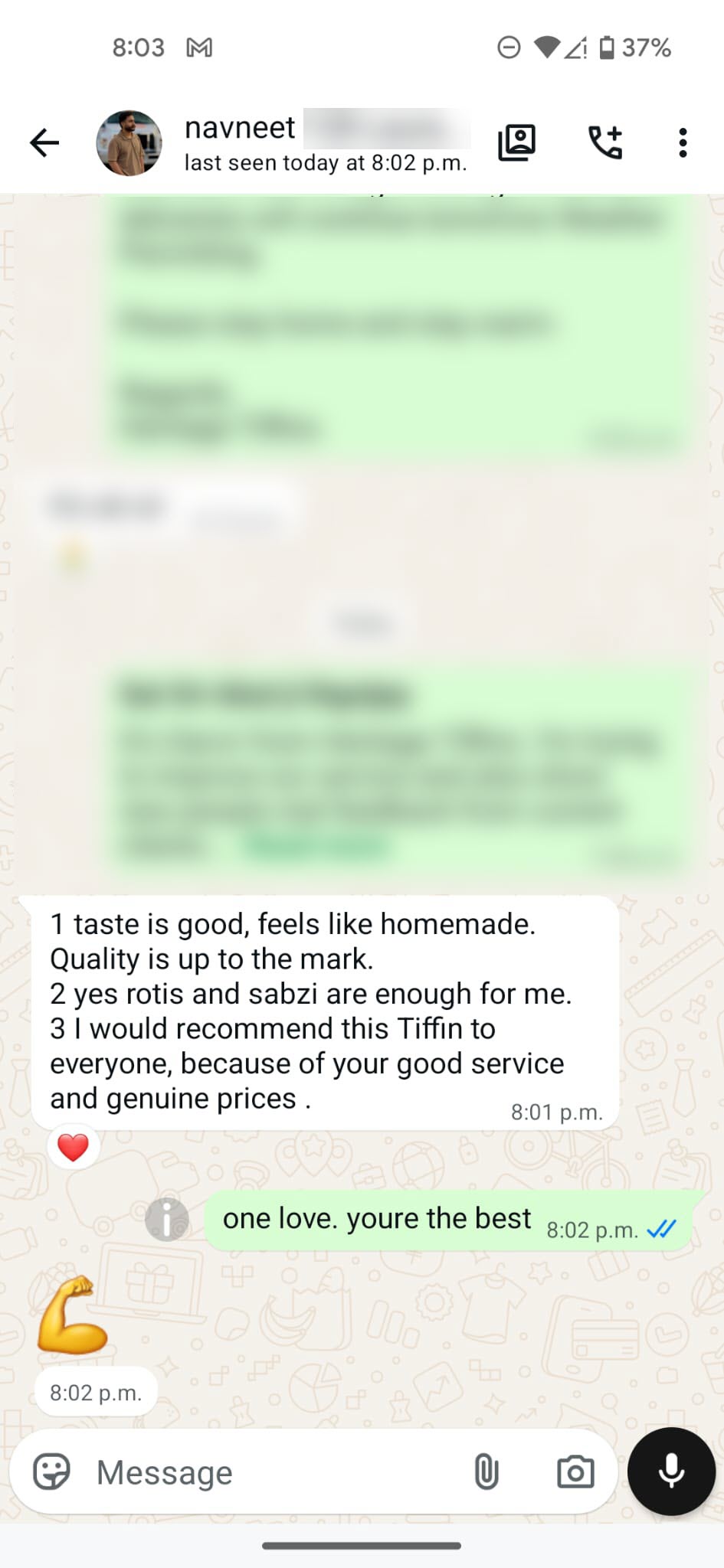 WhatsApp customer review for Heritage Tiffins