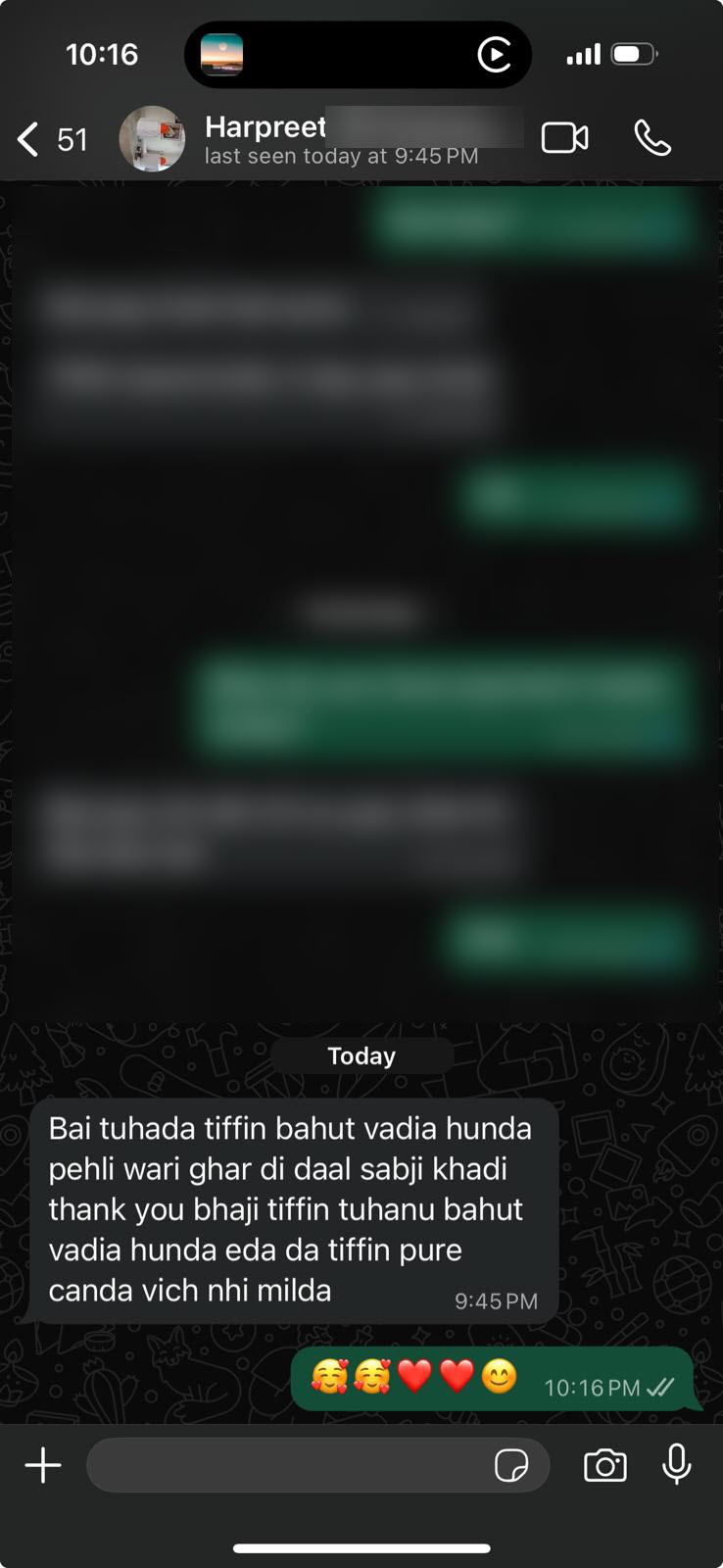WhatsApp customer review for Heritage Tiffins