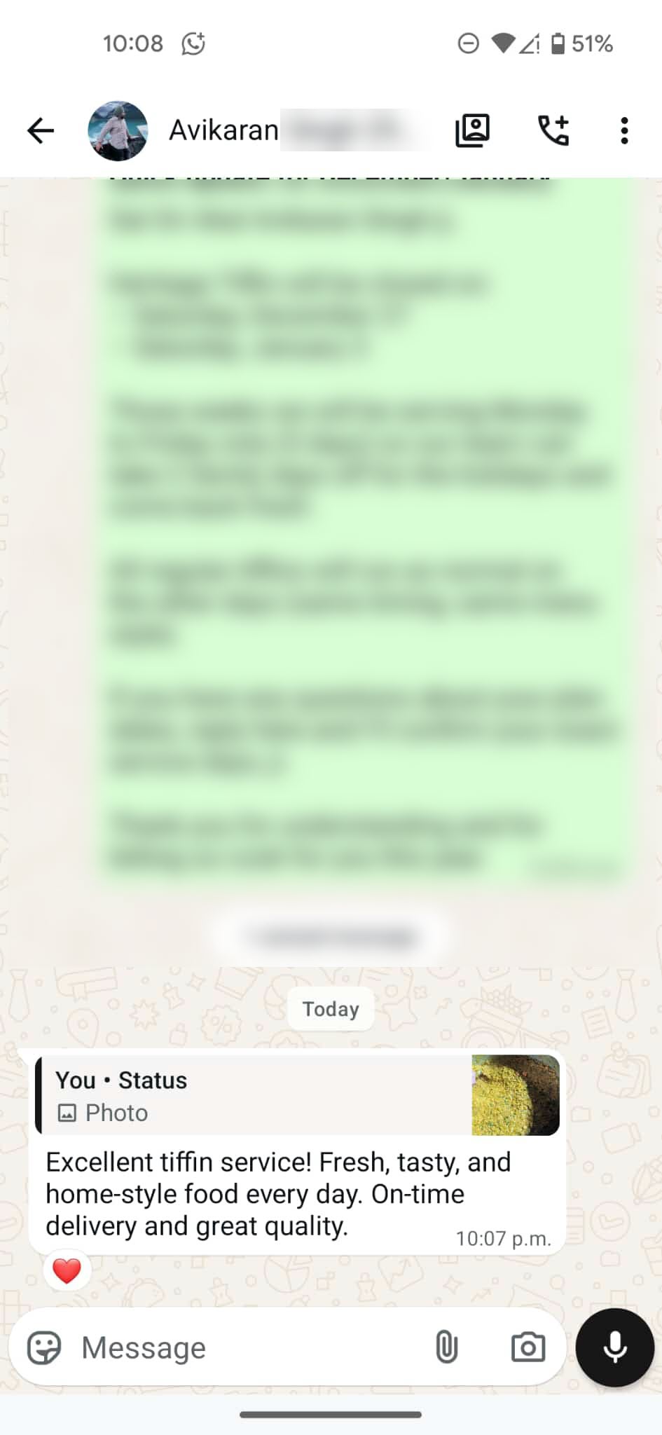 WhatsApp customer review for Heritage Tiffins