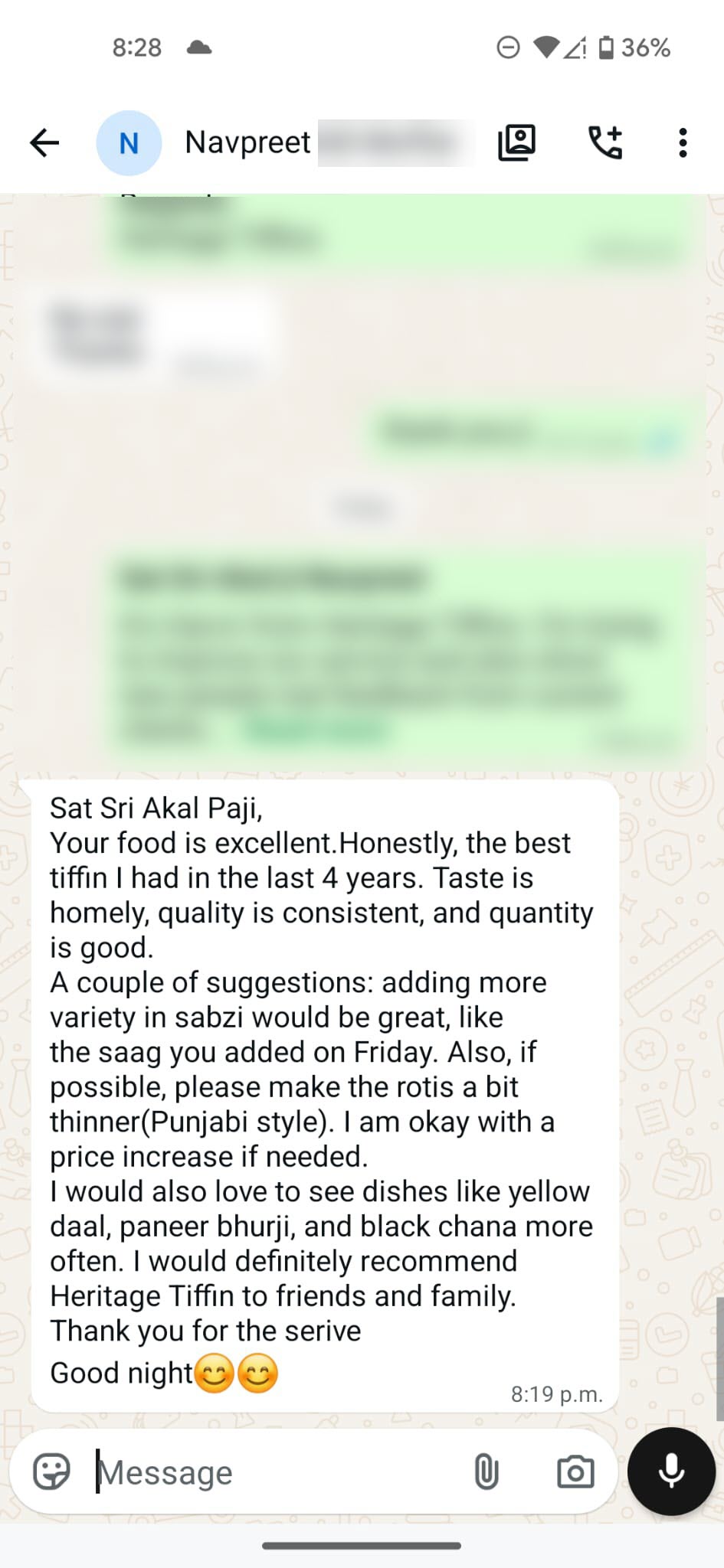 WhatsApp customer review for Heritage Tiffins