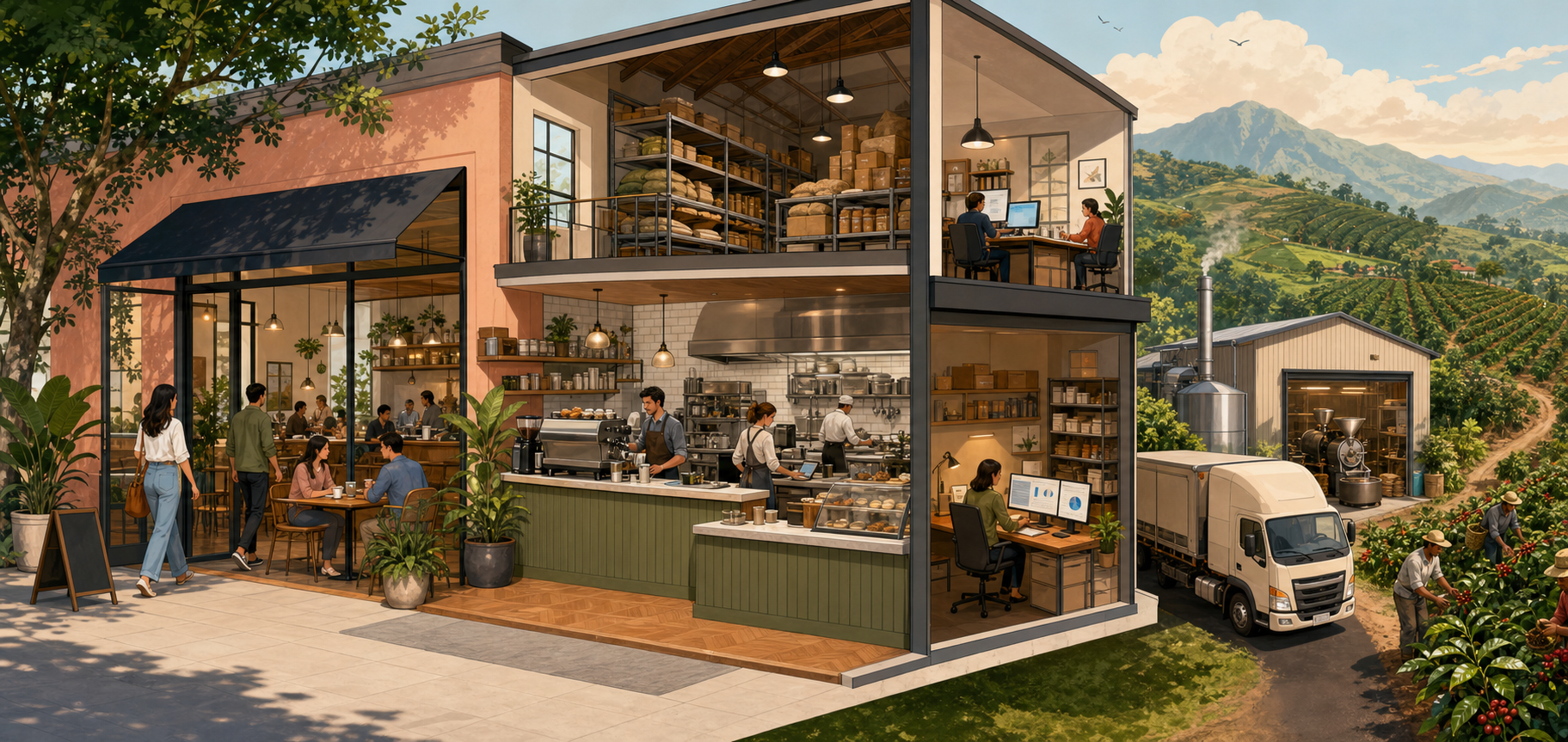 Illustrated cutaway of Molly's Cafe, showing cafe seating, counter operations, storage, back office, delivery logistics, and coffee supply chain
