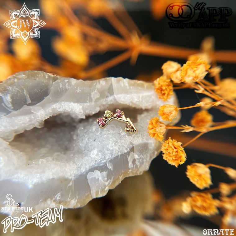 Sacred Symbols - Branch with coloured Sapphires 14k Solid Yellow Gold