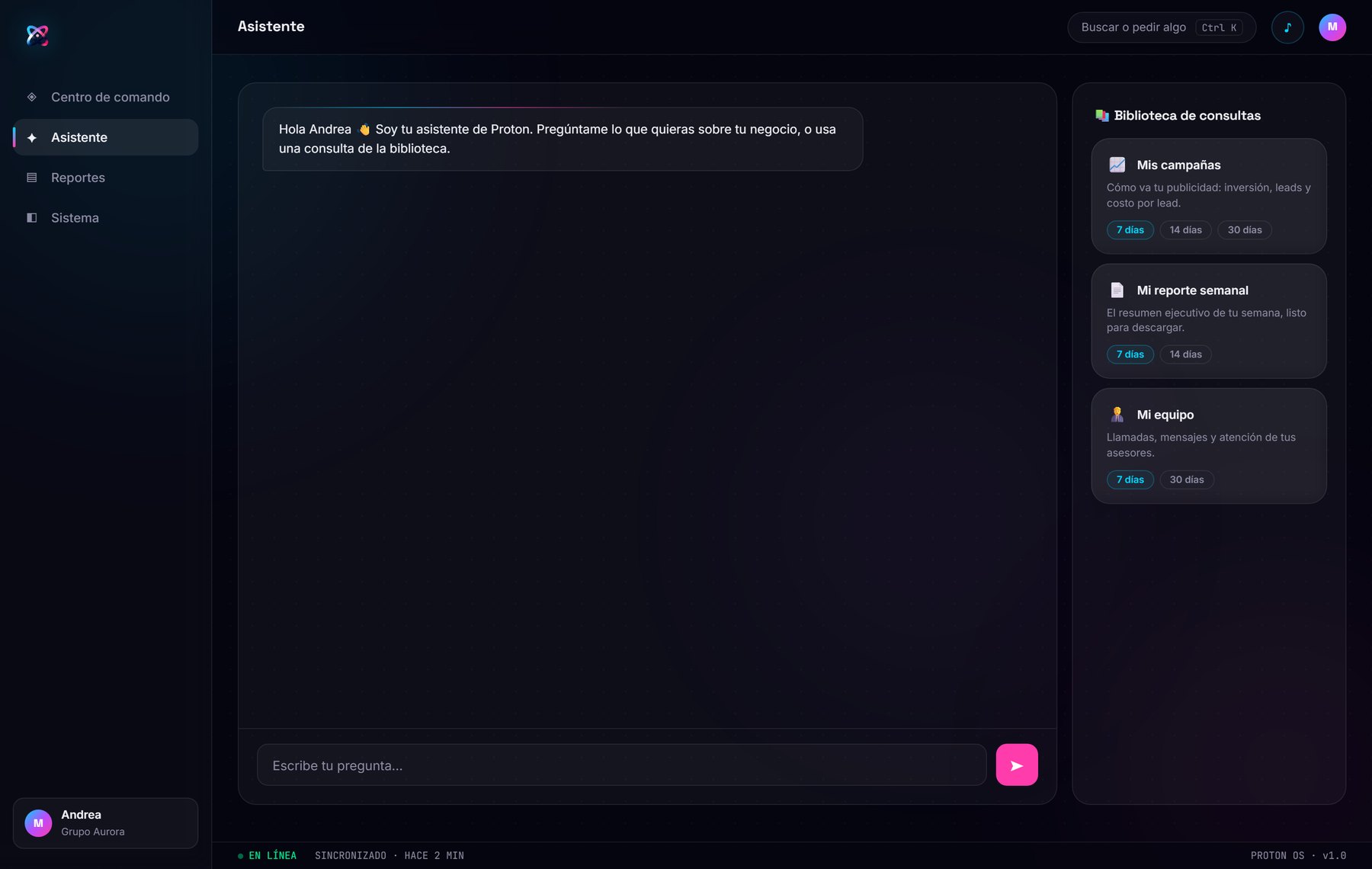 Asistente de Proton respondiendo preguntas sobre la cuenta