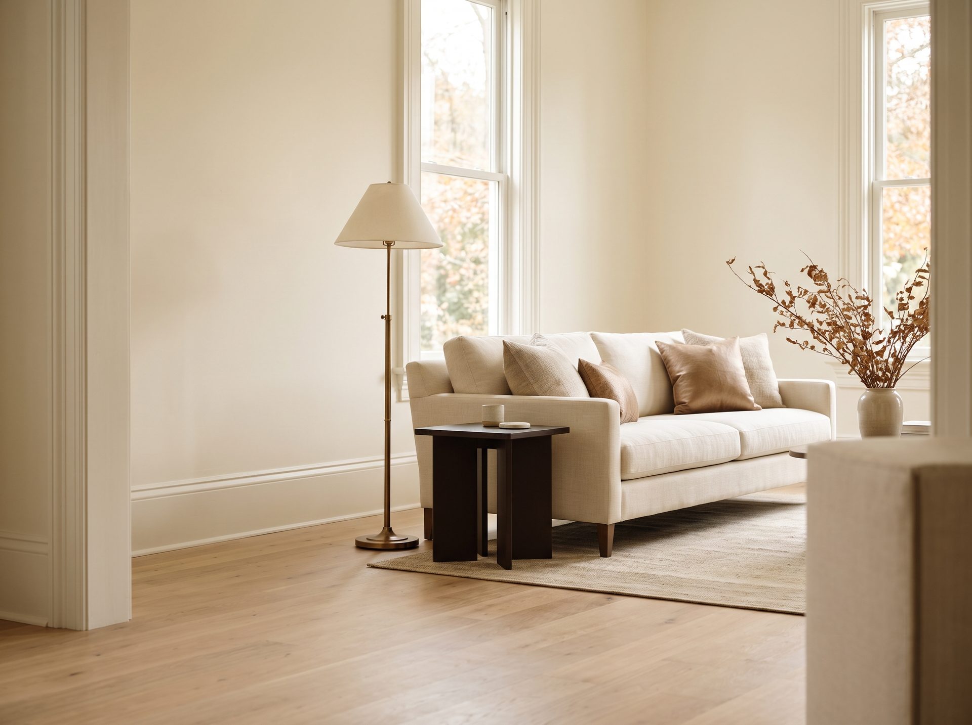 A bright, staged living room in warm ivory tones