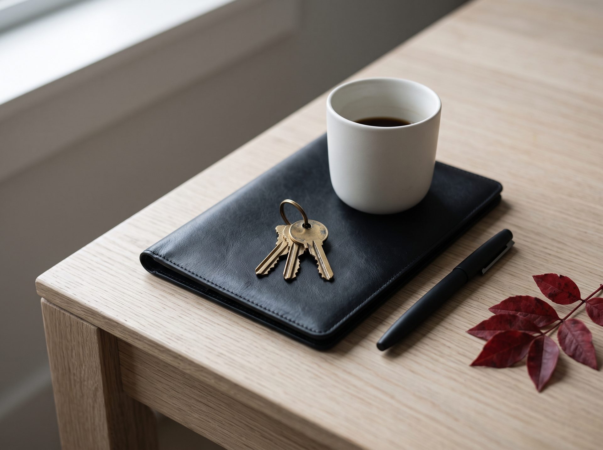 Brass house keys on a leather folio beside a coffee cup