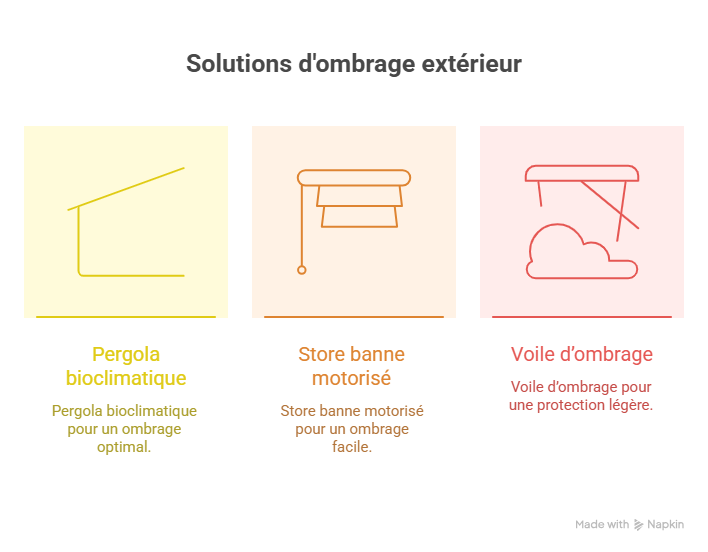 Comparatif visuel entre pergola, store banne et voile d’ombrage sur une terrasse moderne pour illustrer les solutions de protection solaire estivale. Comparatif visuel entre pergola, store banne et voile d’ombrage sur une terrasse moderne pour illustrer les solutions de protection solaire estivale.
