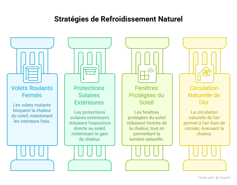 Maison protégée de la chaleur estivale grâce à des volets roulants, protections solaires et ventilation naturelle pendant une période de canicule. Maison protégée de la chaleur estivale grâce à des volets roulants, protections solaires et ventilation naturelle pendant une période de canicule.