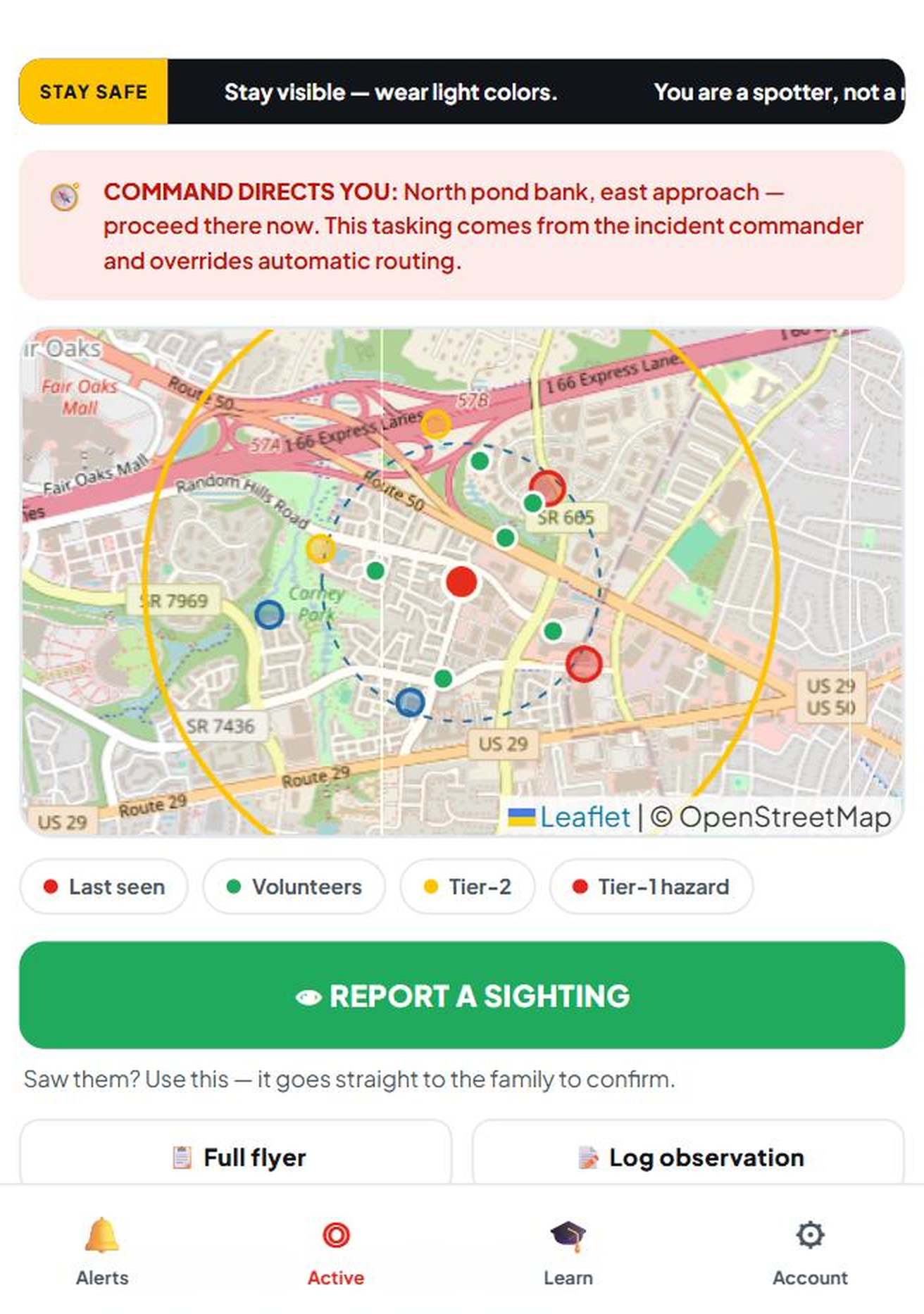 DENNIS volunteer view during an active search — live map, command tasking, and Report a Sighting