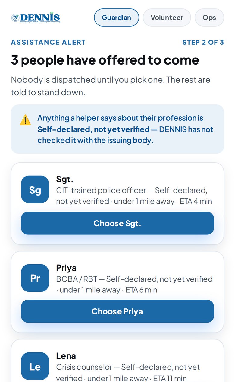 The family's view of an Assistance Alert, showing a CIT-trained officer, a behavior analyst, and a crisis counselor who offered to come