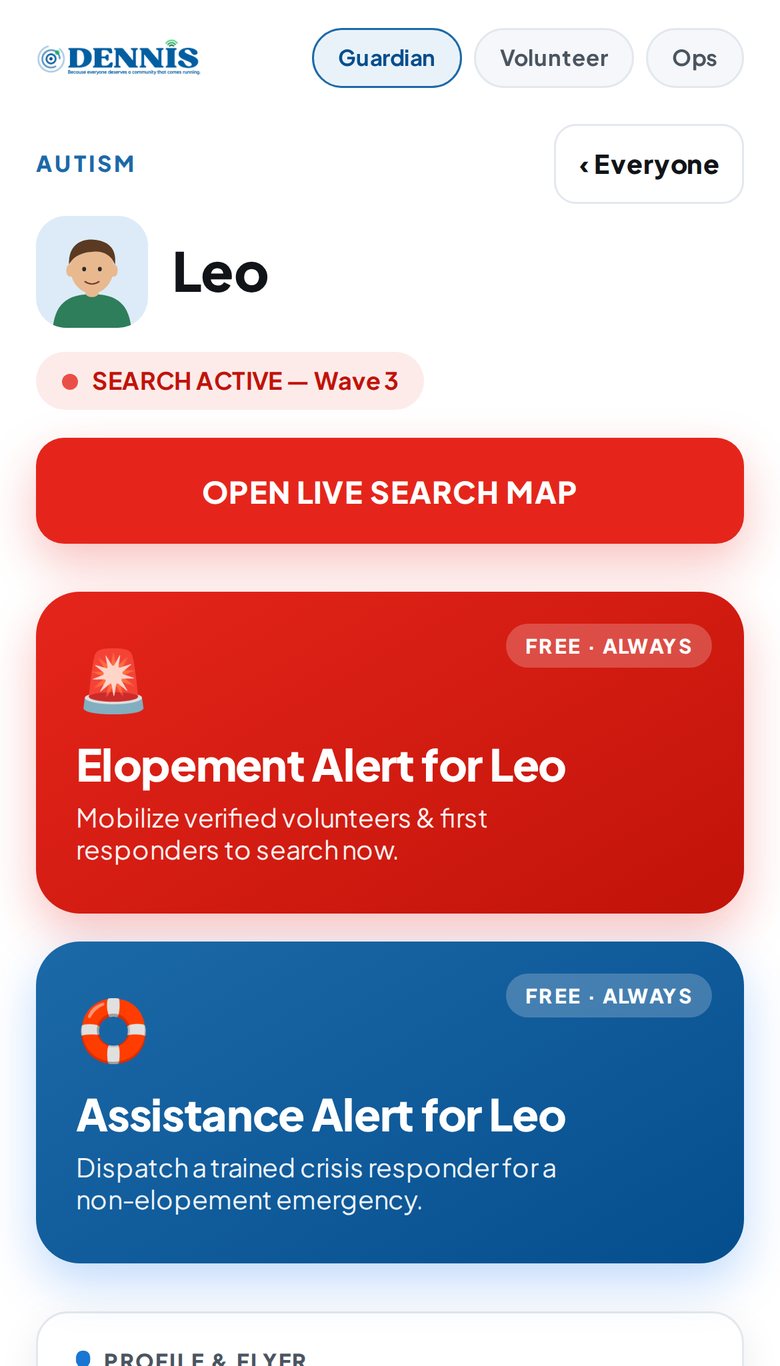 A family member's screen in DENNIS with the red Elopement Alert and blue Assistance Alert buttons