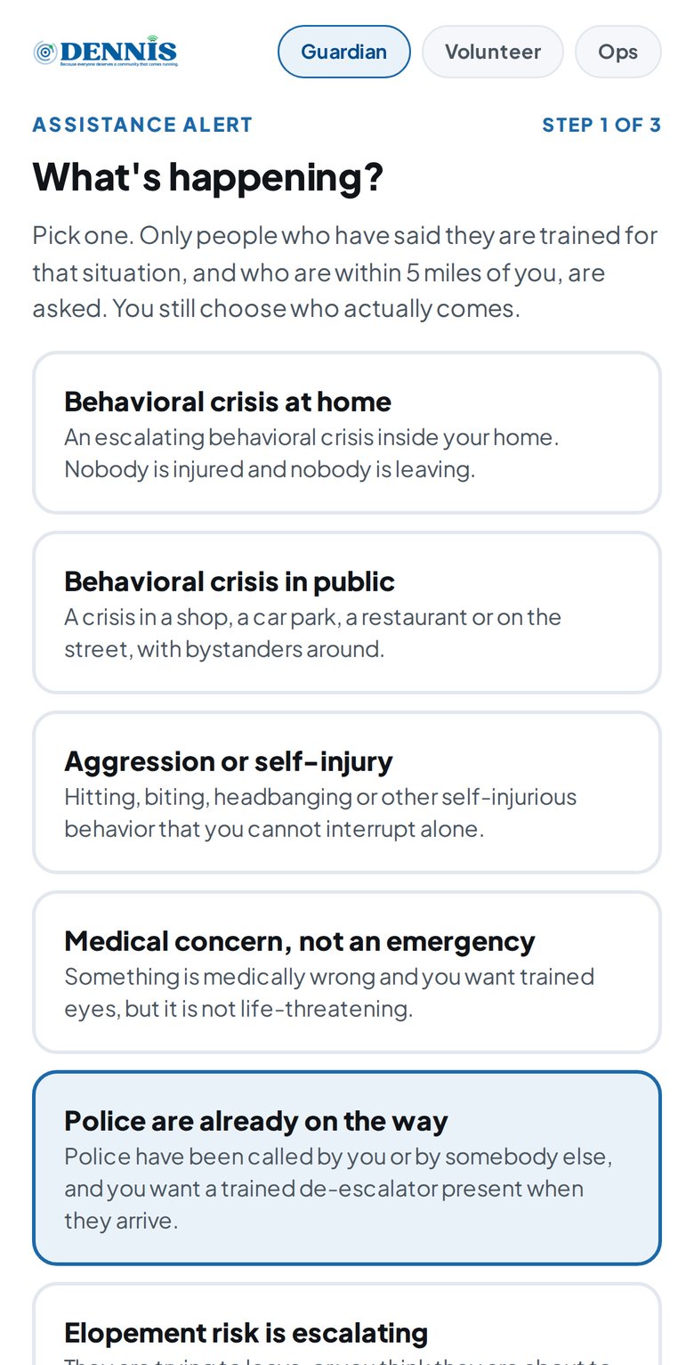 The first step of an Assistance Alert, where the family picks what is happening, such as Police are already on the way