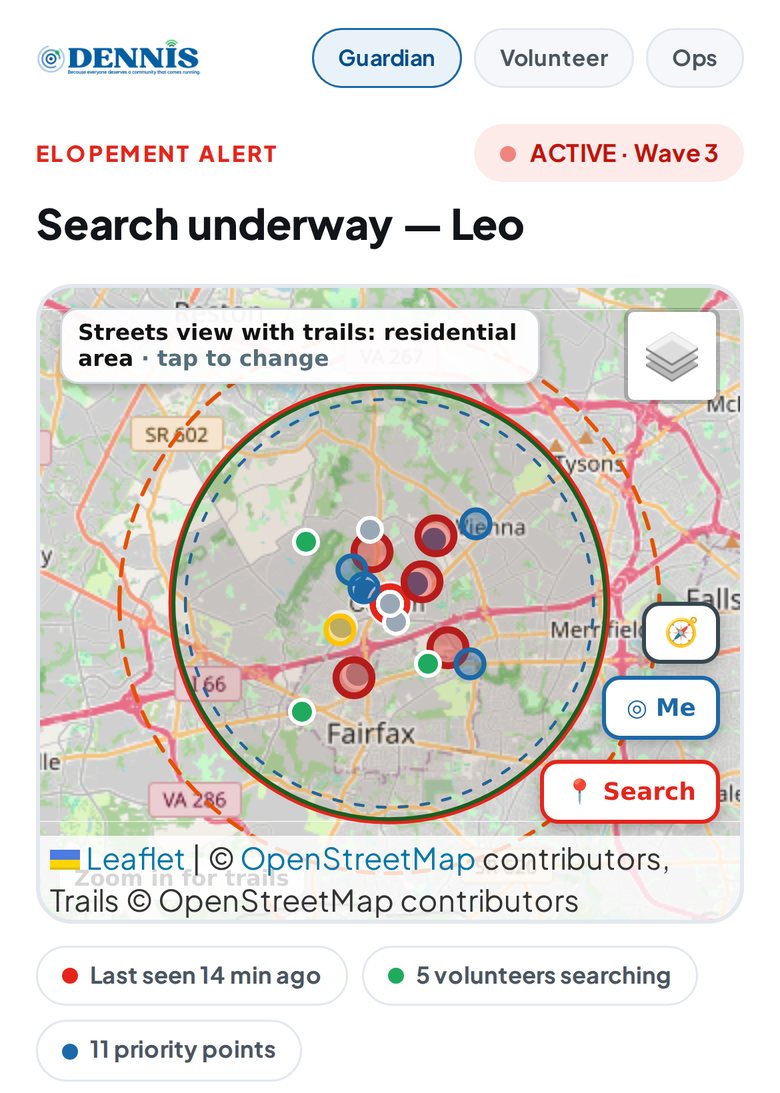 The live search map a family sees during an active search, with search rings, volunteers, and priority points