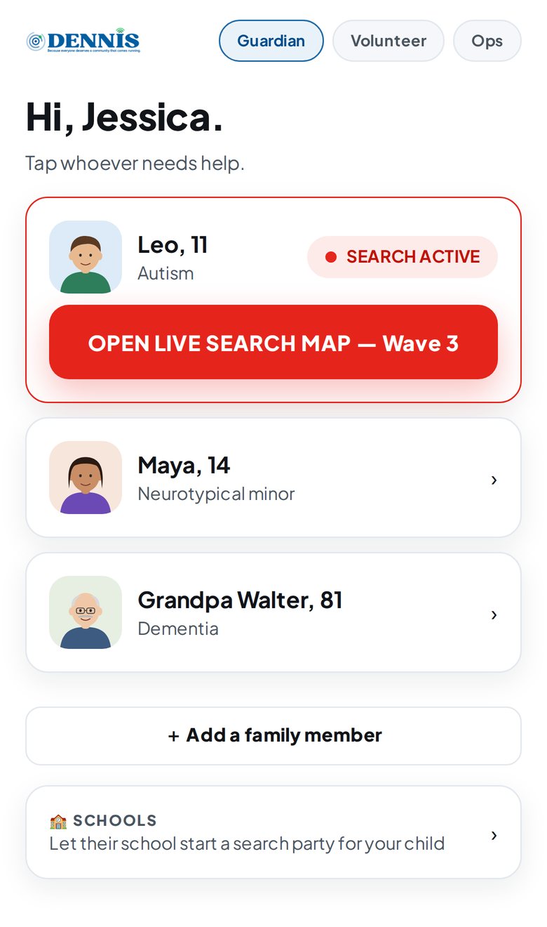 A family's home screen in DENNIS listing three people: an autistic child, a teenage sibling, and a grandfather with dementia