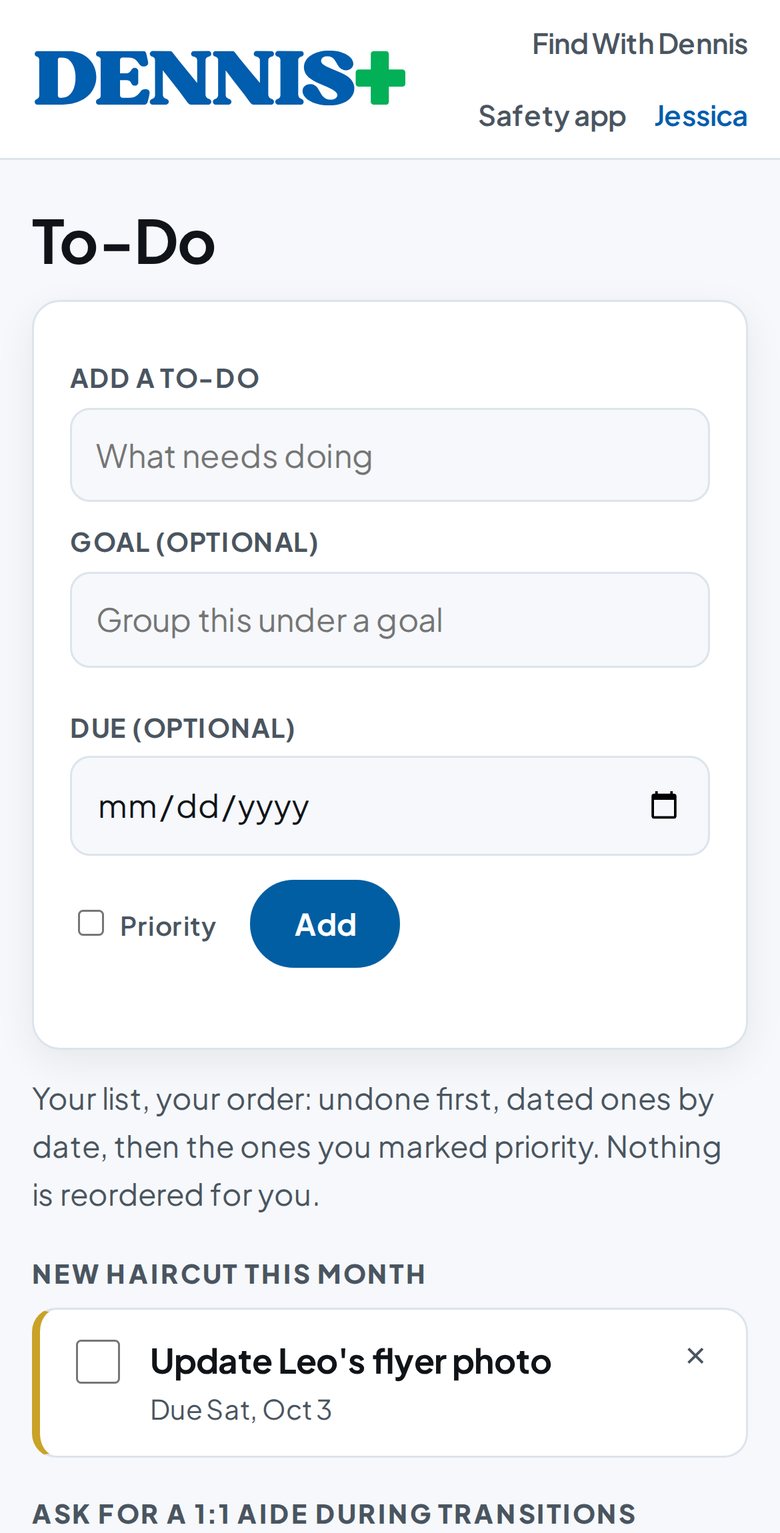 The DENNIS+ to-do list with goals, due dates, and priorities