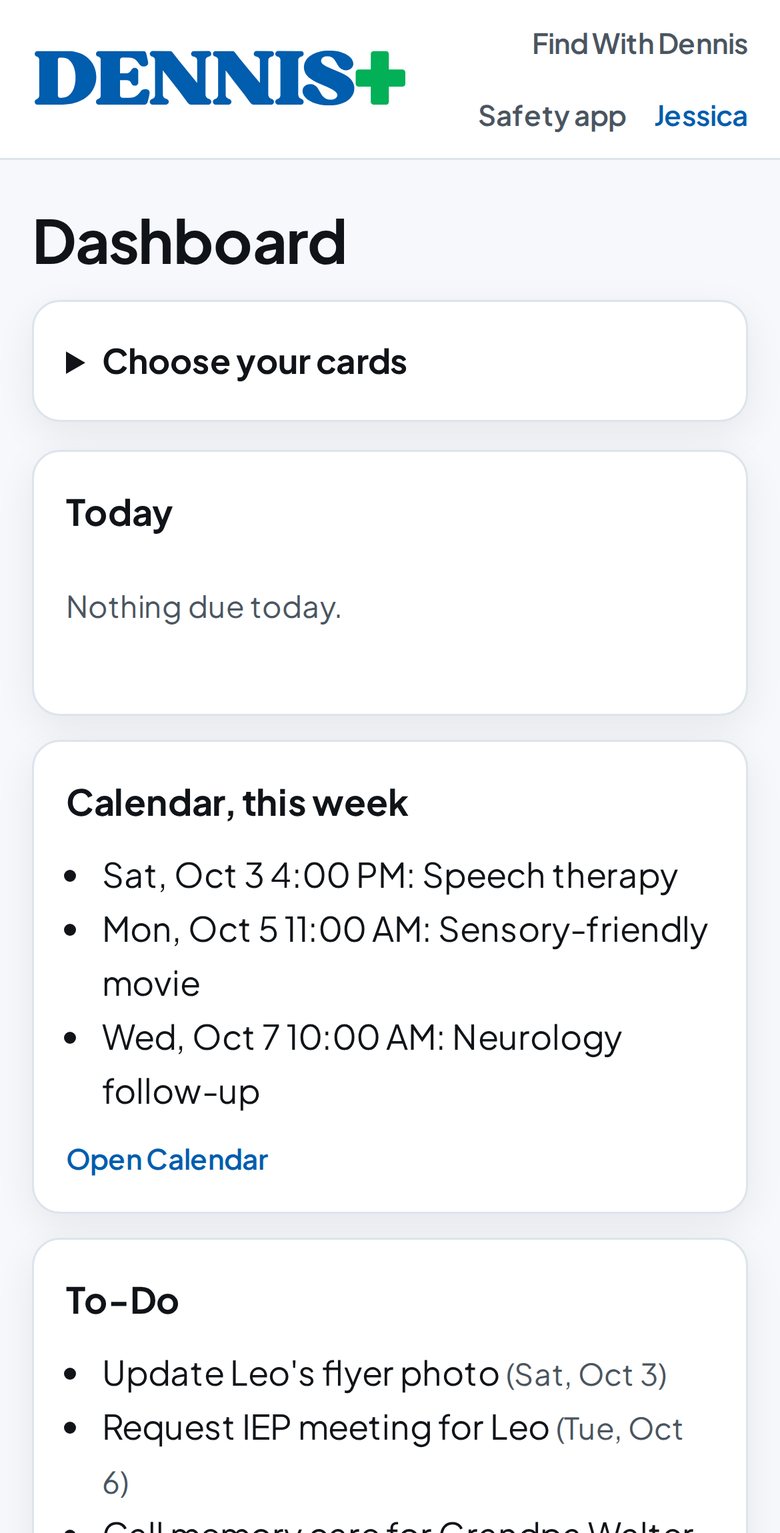 The DENNIS+ dashboard with today, this week's calendar, the to-do list, and guides