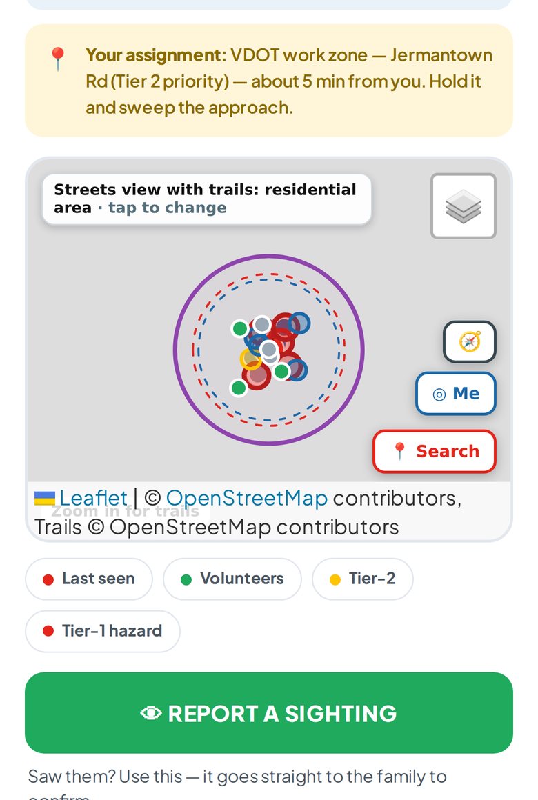 A volunteer's screen during a search, with an assignment, the live map, and a Report a Sighting button