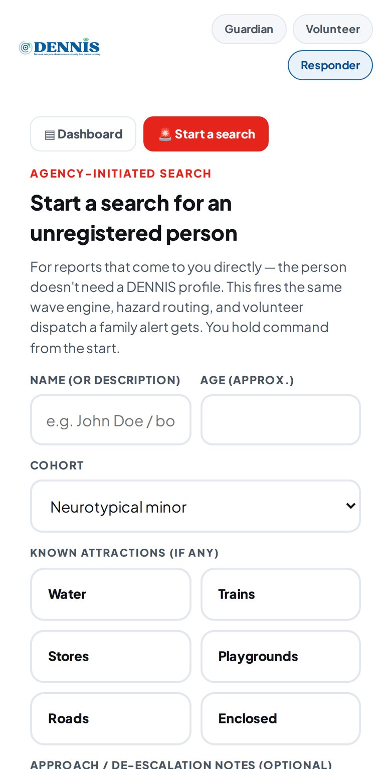 The agency-initiated search form, used to start a search for someone who does not have a DENNIS profile
