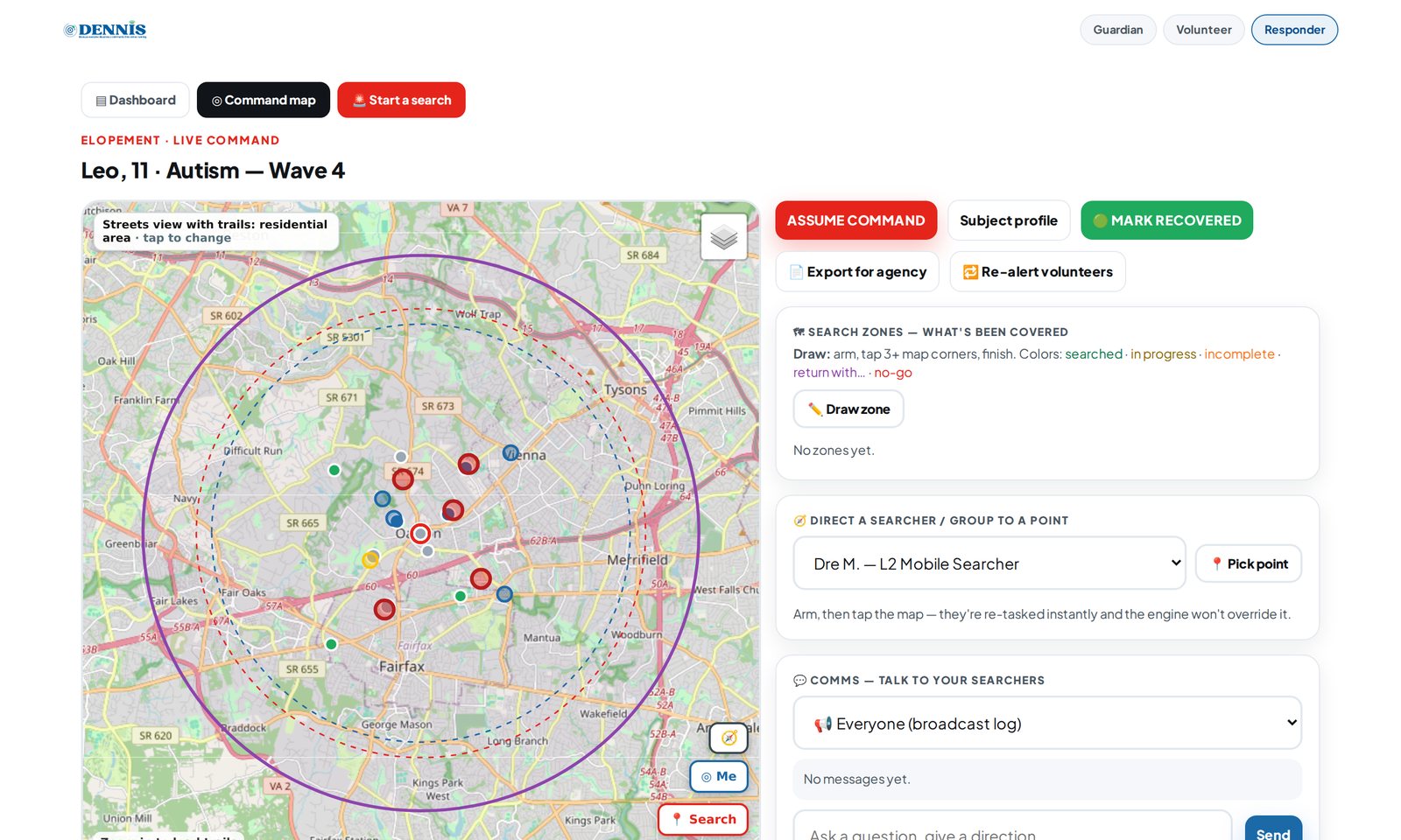 The DENNIS responder command map during a search, showing search rings, volunteers, and command tools