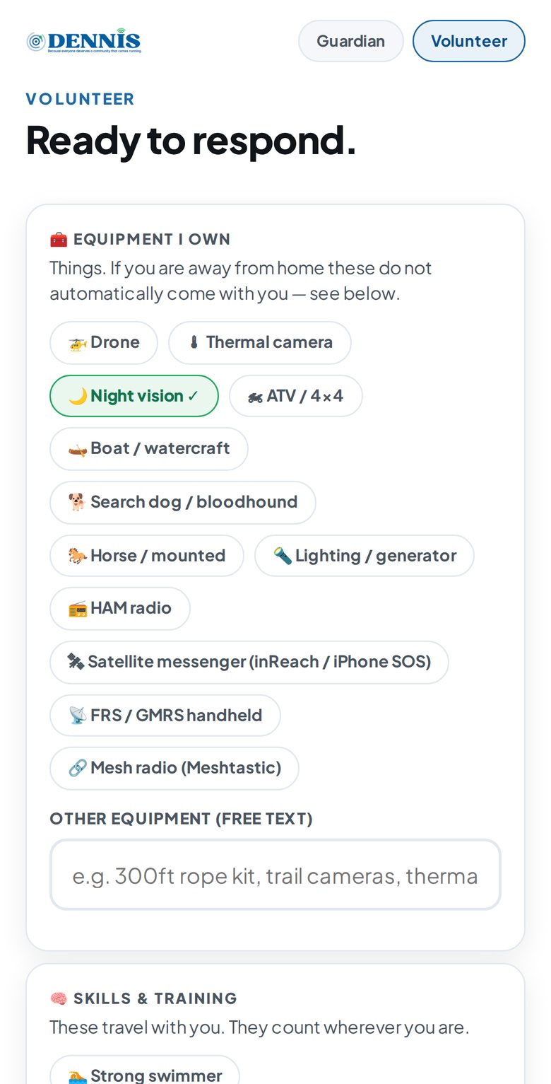 The volunteer profile where you list equipment you own, skills and training, and professional roles