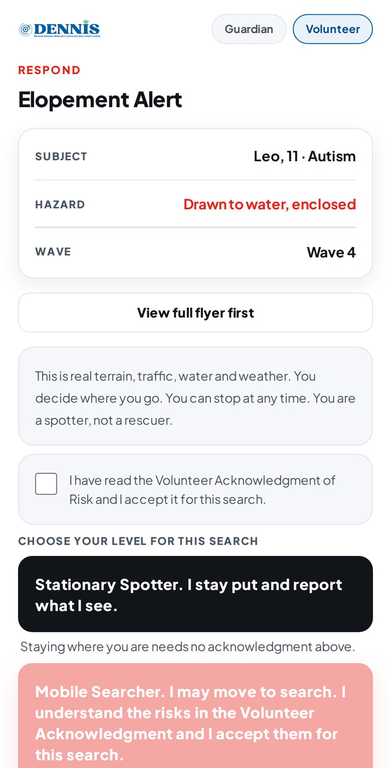 The volunteer response screen for an Elopement Alert, showing who is missing, the nearby hazards, and the choice of how to help