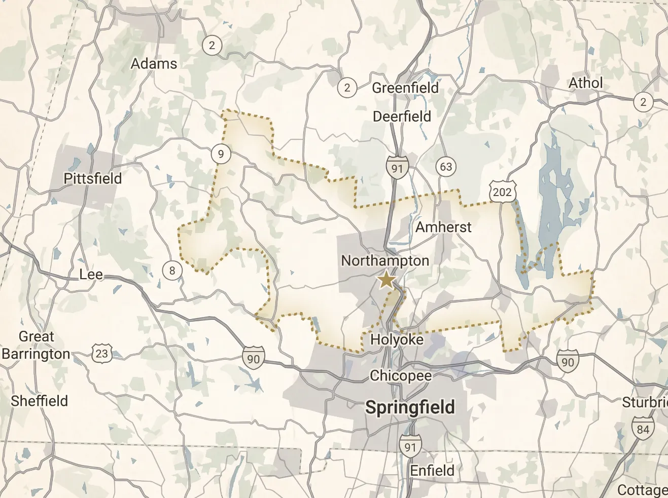 Map of Ed Scagel's service area in Western Massachusetts