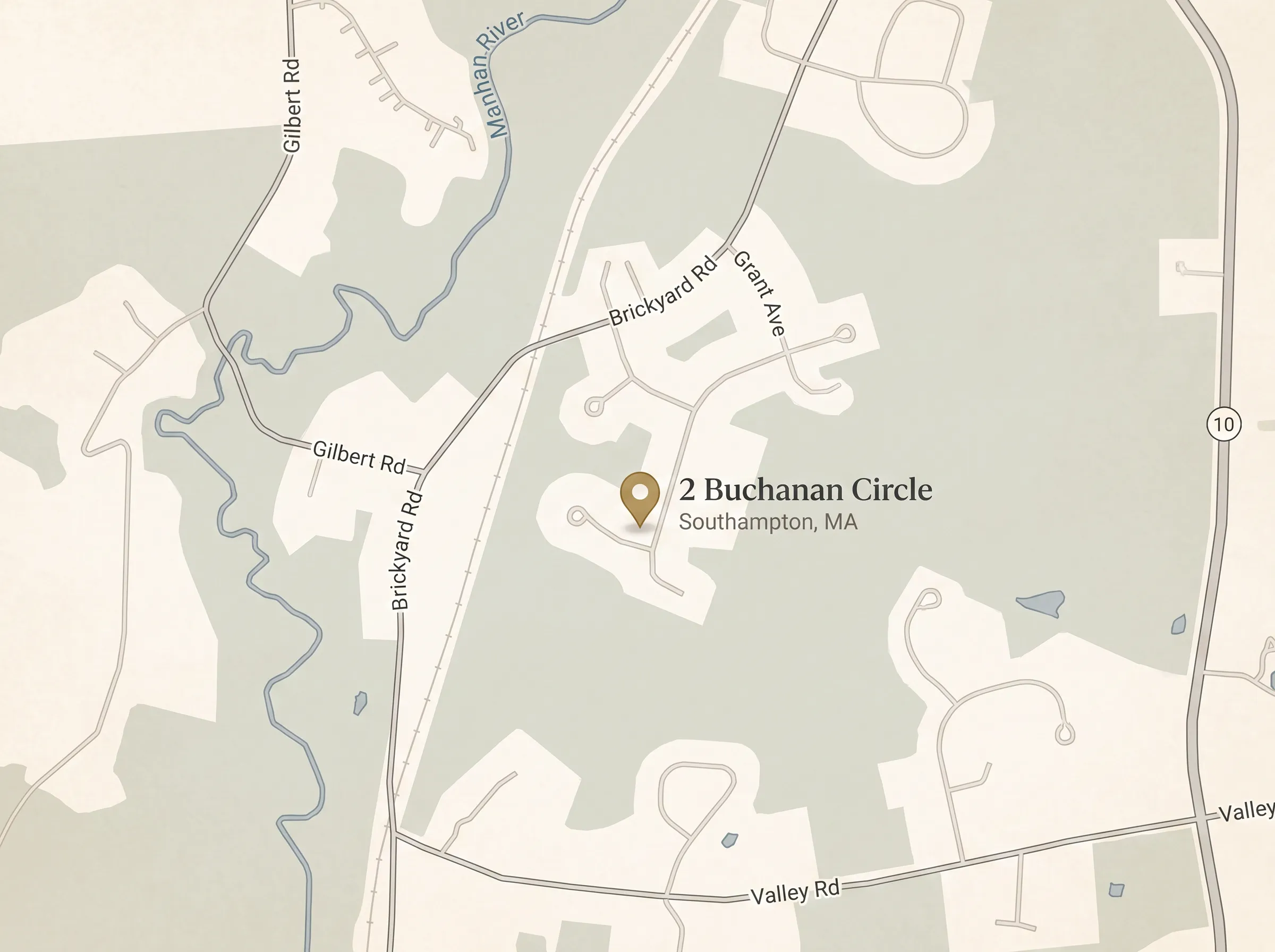 Map to Happy Valley Realty Group office at 2 Buchanan Circle, Southampton, MA