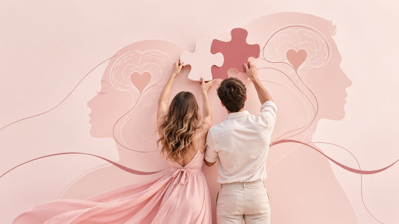 Two people placing a puzzle piece, with brain and heart silhouettes behind them